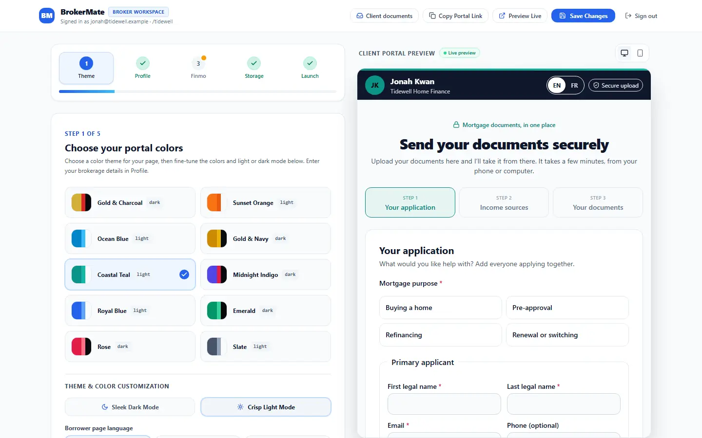 BrokerMate settings, step 1 of 5: colour themes on the left and a live preview of the Tidewell Home Finance upload page on the right.