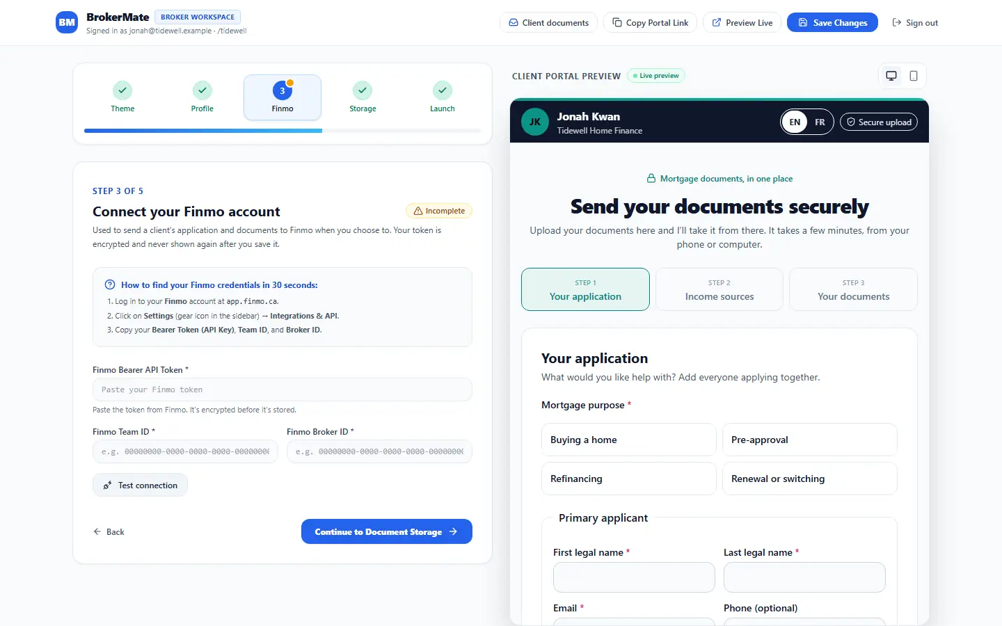 BrokerMate settings, step 3 of 5: connecting a Finmo account, with the token, team and broker fields empty.