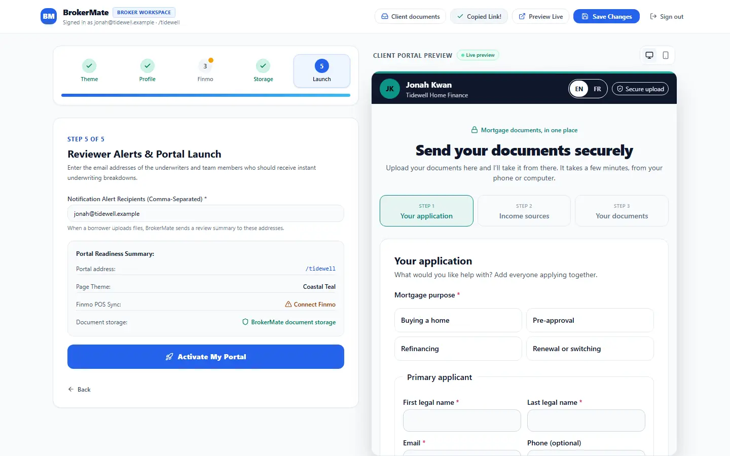 BrokerMate settings, launch step: the alert email address, the portal address /tidewell and a “Copied link” confirmation.