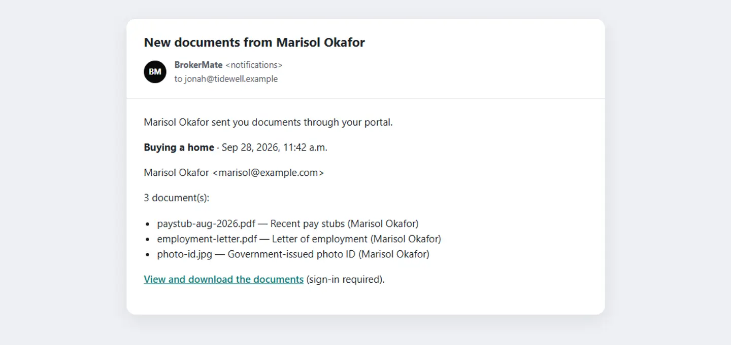 Email titled “New documents from Marisol Okafor” listing three documents and a link to view and download them.