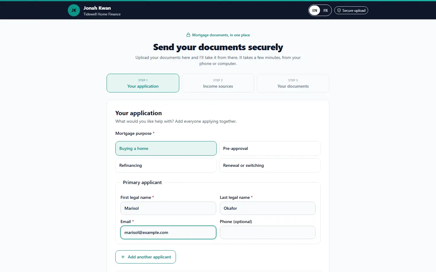 The Tidewell Home Finance upload page: “Buying a home” selected and the applicant’s name and email filled in.